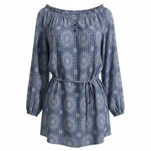 Blu Pepper Blue & White Striped Mandala Print Boho Lace-Up Peasant Mini Dress